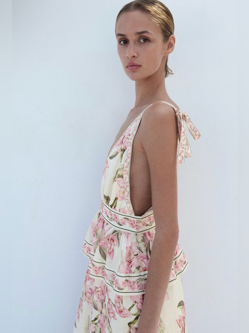 H&M NWT CREAM, PINK FLORAL LINEN-BLEND PEPLUM DRESS SIZE XS - Picture 4 of 10
